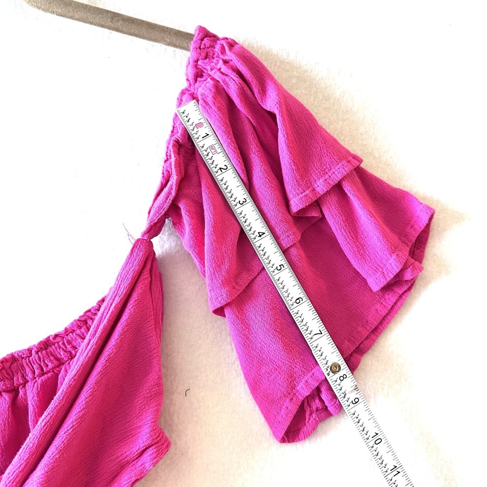 Meshki M Medium Aaliyah Tie-Front Crop Top Hot Pink Off Shoulder Poet Peasant - Picture 6 of 13